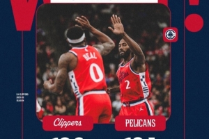 压哨绝杀的NBA杯首胜！快船赢球海报：比尔和小卡击掌庆祝